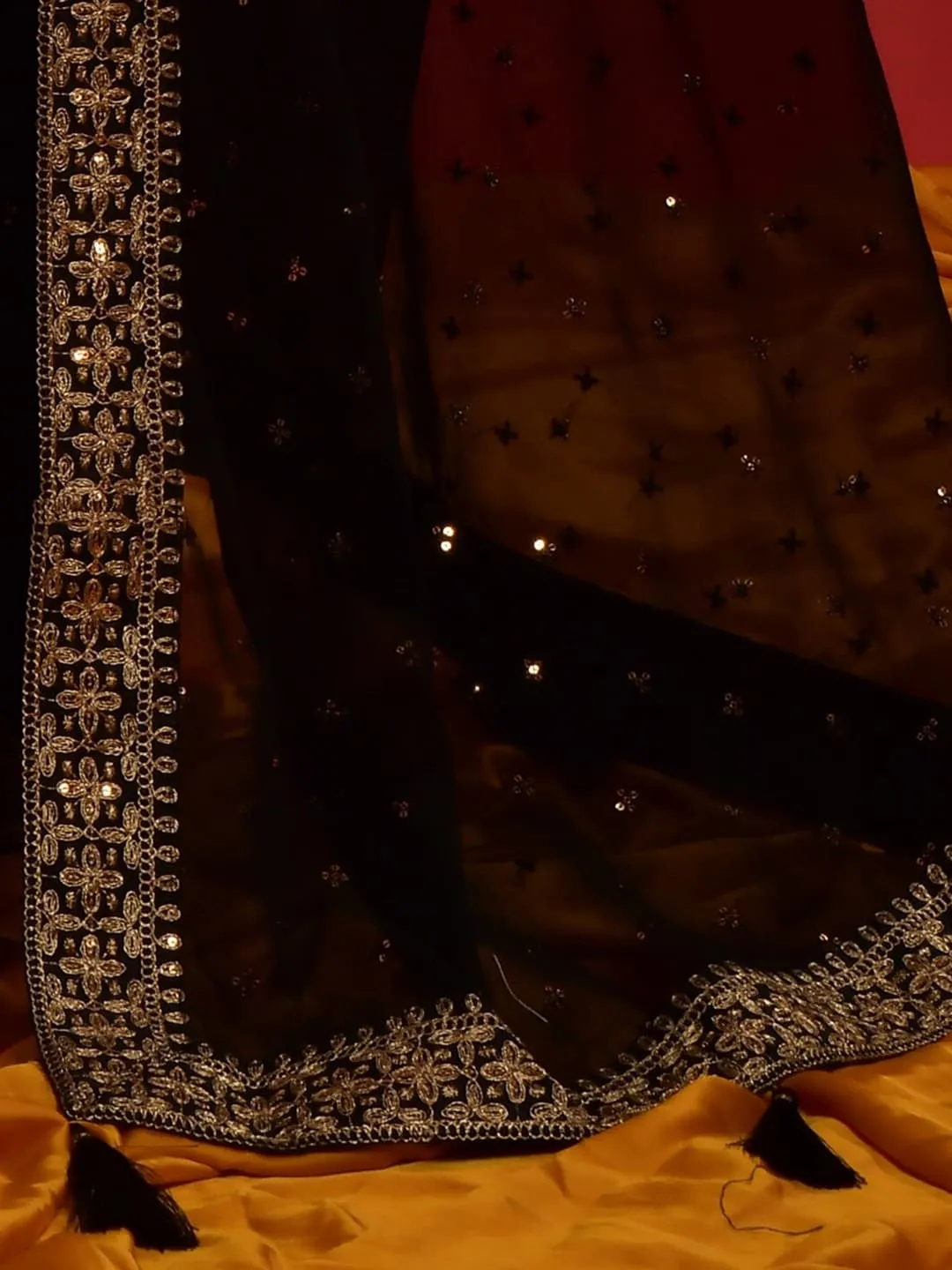 Anouk Black & Gold-Toned Floral Embroidered Pure Georgette Saree