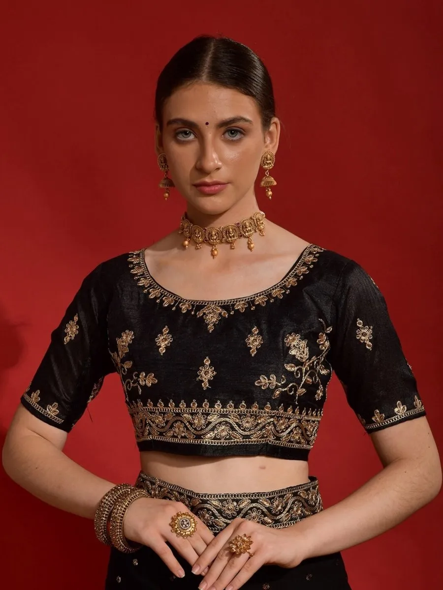 Anouk Black & Gold-Toned Floral Embroidered Pure Georgette Saree