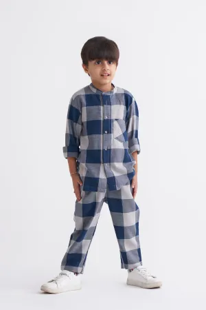 Band Collar Shirt - Navy Check
