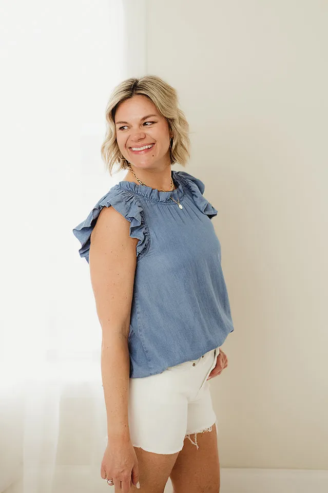 Chambray Ruffle Mock Neck