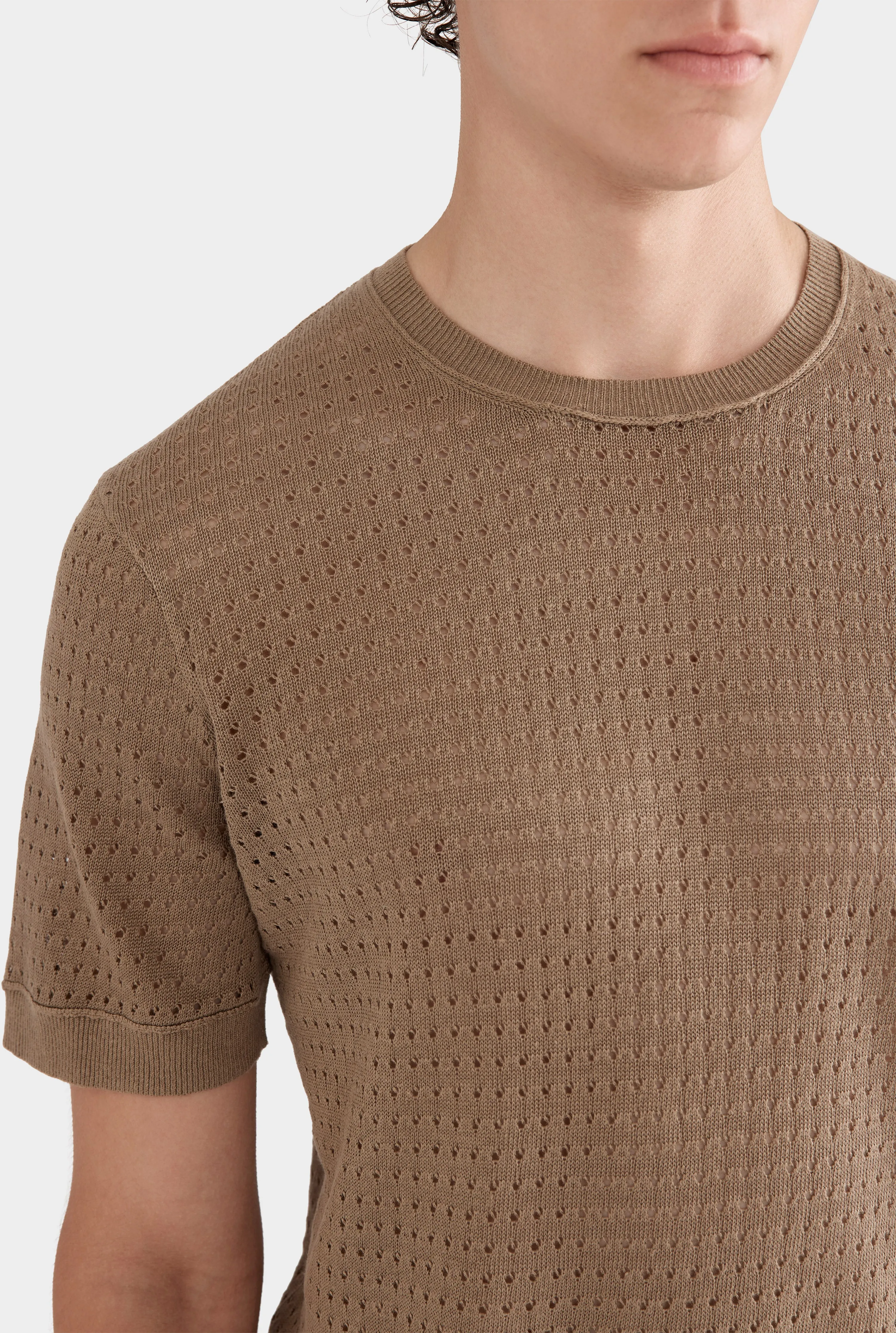 Linen Raw Edge Detail Knit T-Shirt - Sepia