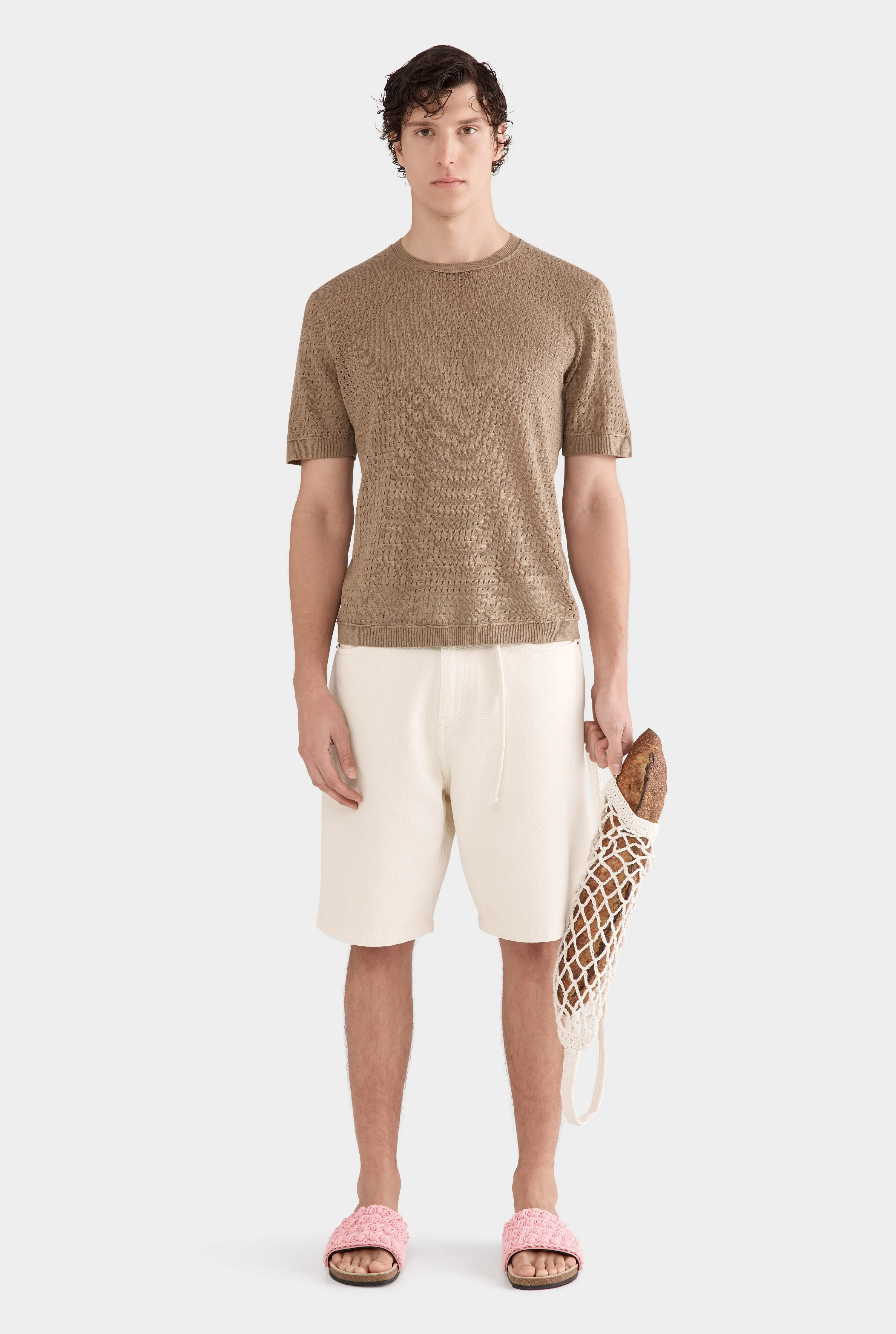 Linen Raw Edge Detail Knit T-Shirt - Sepia