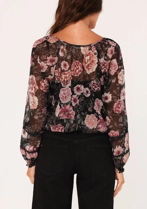 SHEER FLORAL SMOCKED WAIST BLOUSE